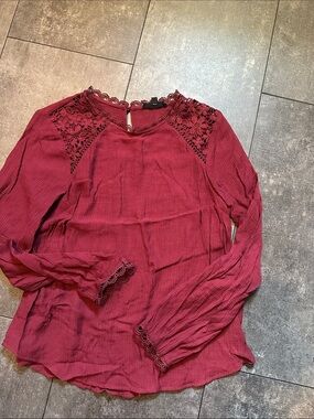 mine Burgundy Lace-Yoke Long Sleeve Blouse